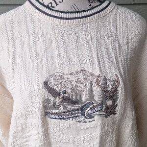 Vintage Fieldmaster Grandpa Embroidered Ringer Neck Sweater M Fishing Hunting